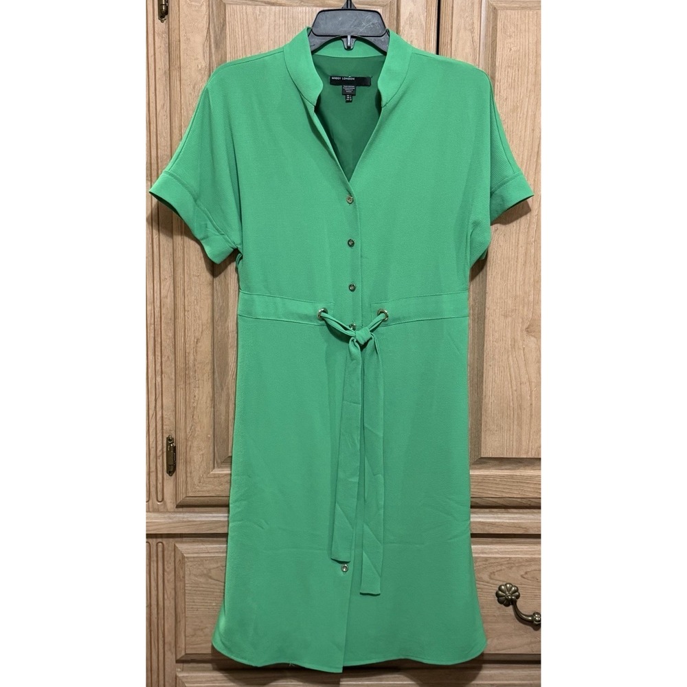 MAGGY LONDON Shirt Dress Women's Size 2 Green Novelty Blouson Belted Button Down